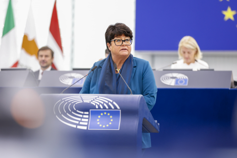 Sesja plenarna Parlamentu Eurospjekiego 3 października 2023 r. Na zdj. sprawozdawczyni EMFA Sabine Verheyen European Union 2023 - Source : EP